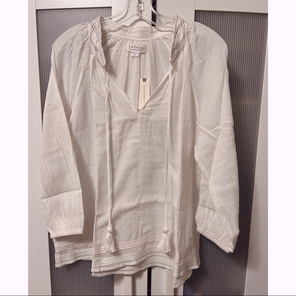 NWT Anthropologie Velvet by Graham & Spencer White Lena Peasant Blouse Tunic - Picture 3 of 16